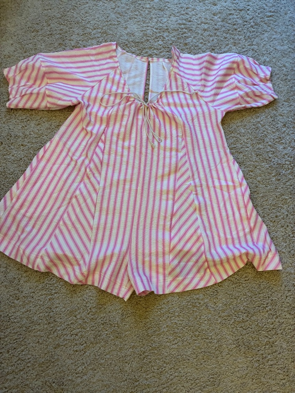Pink Stripe Short Sleeve Romper with Tie Front